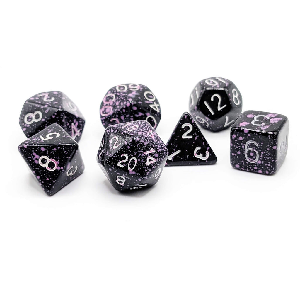 Purple splatter dice for dungeons and dragons and other ttrpg games