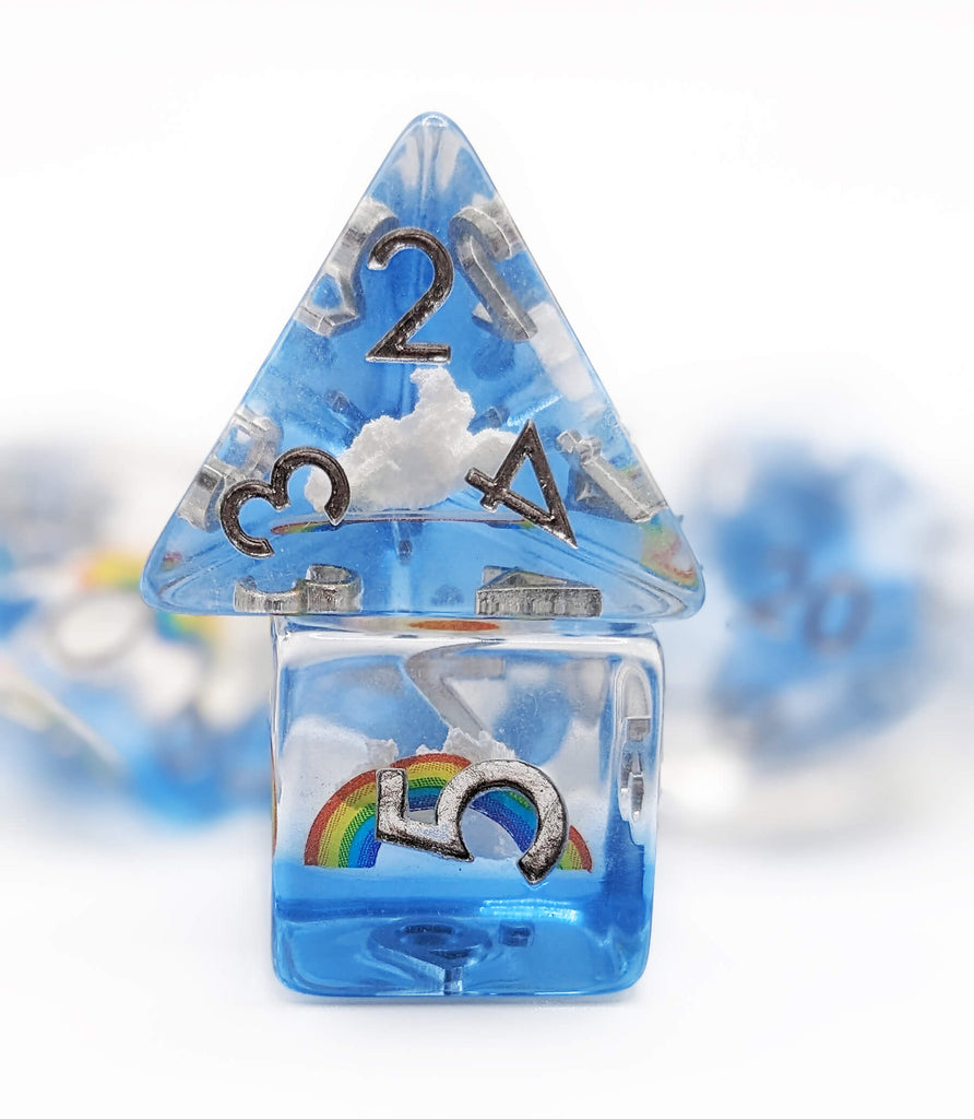 Rainbow and Clouds dice for dungeons and dragons and other ttrpg games