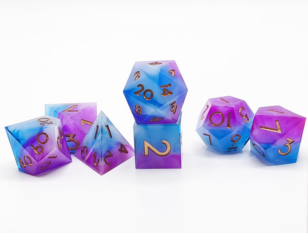 Blue and purple sharp edge dice for dnd games