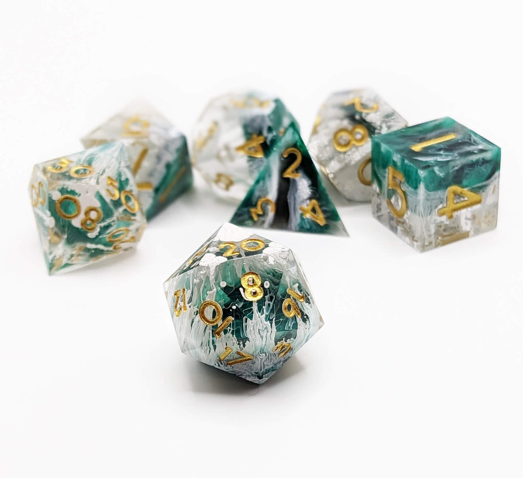 Sharp edge d20 dice in green with clouds