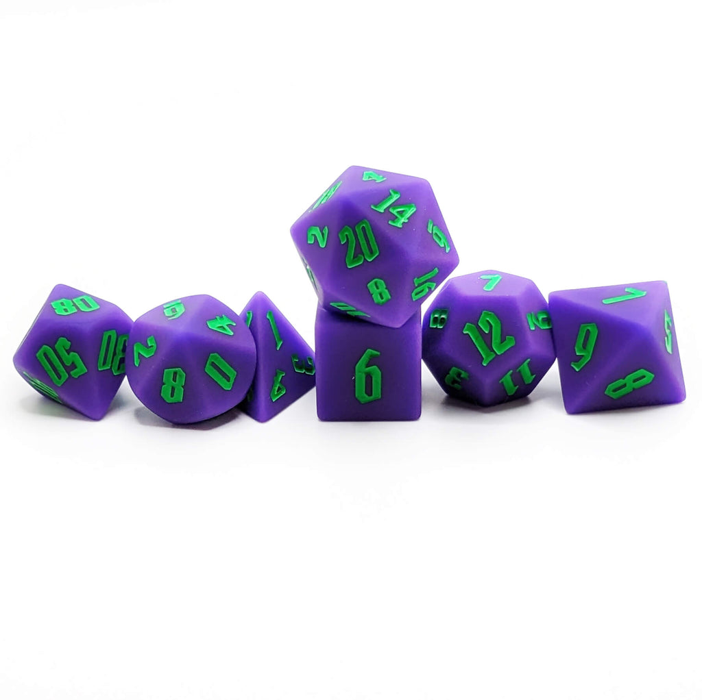 purple and green silicone dice for dnd games