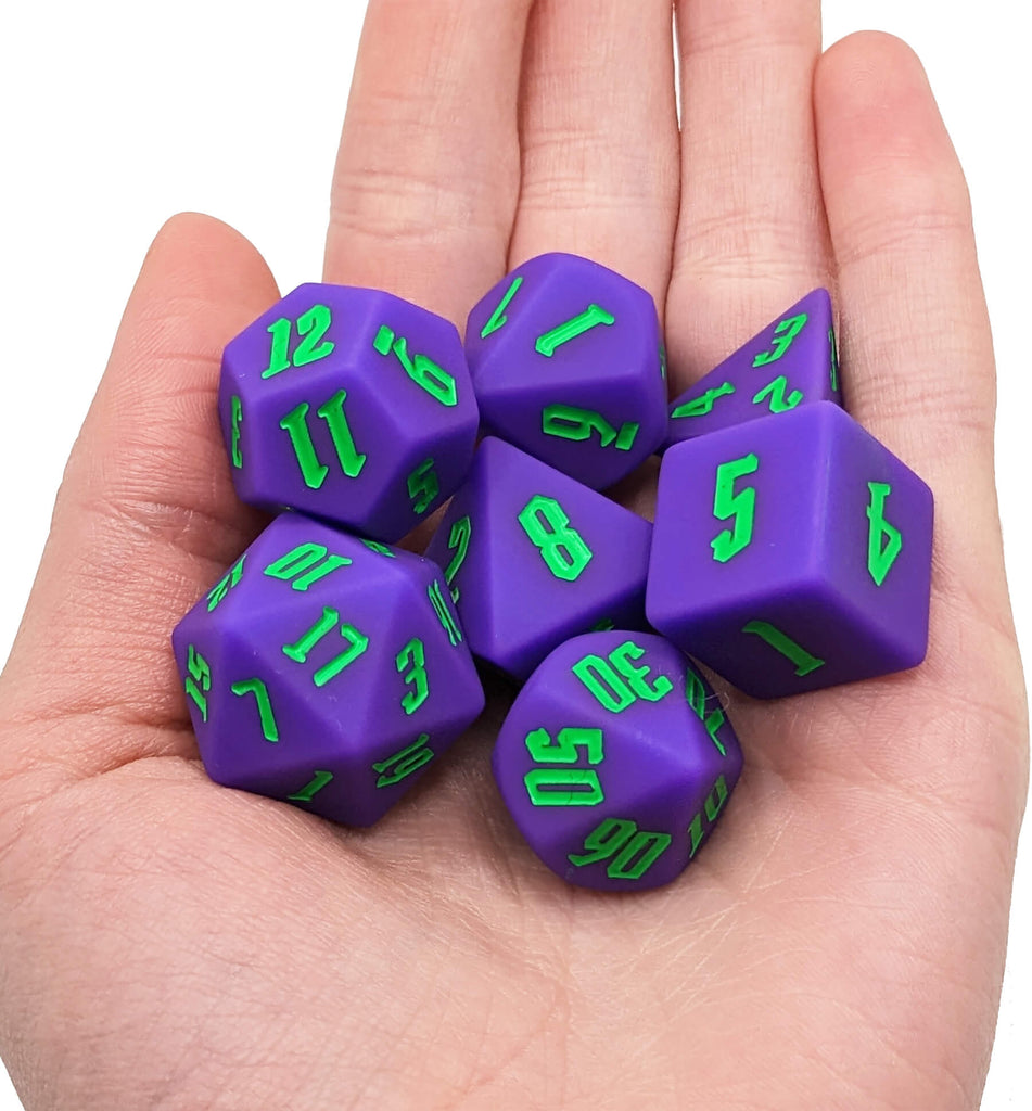 Silicone purpld dice set with green numbers