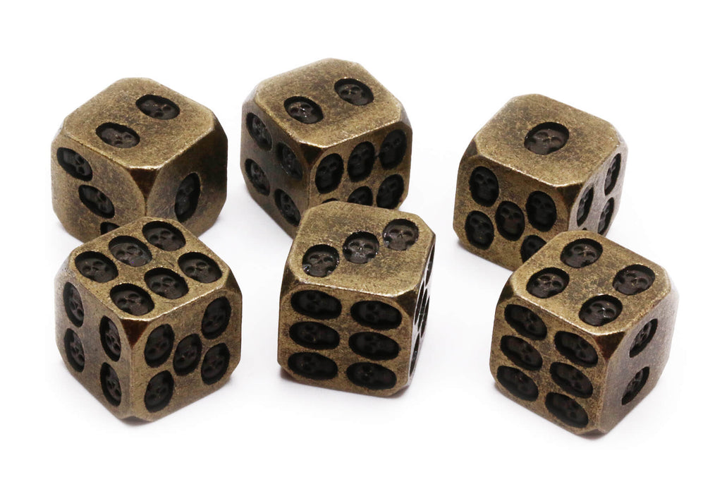 Metal d6 dice set with skulls and antique gold