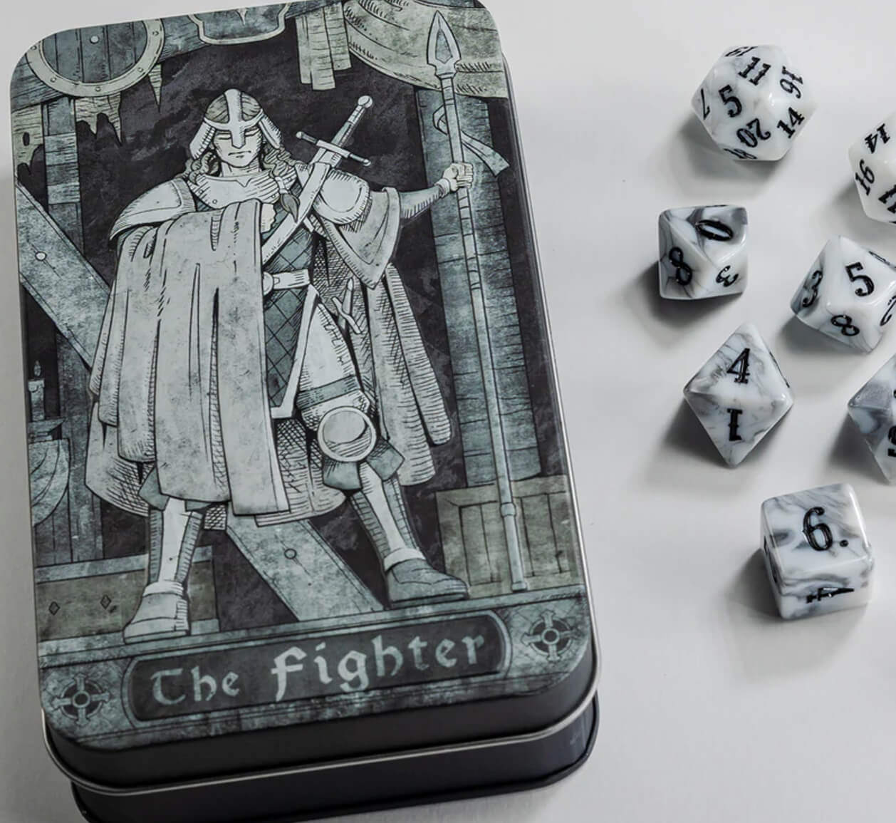 Character Class Dice (The Fighter)  TTRPG Dice With Collectible Tin – Dark  Elf Dice