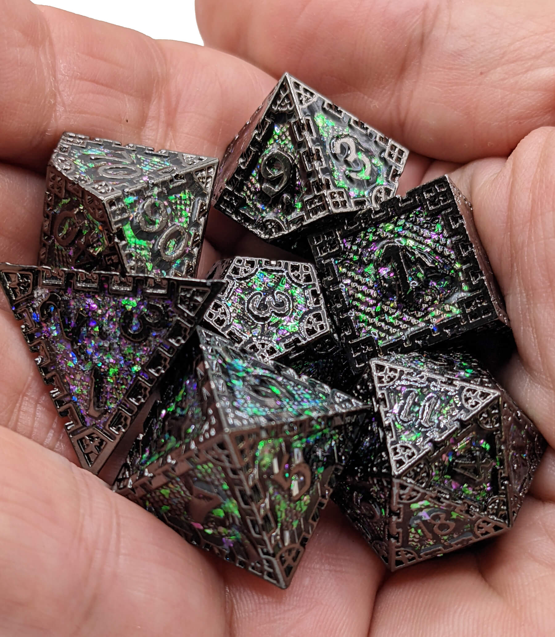 Magic Tower Metal Dice Black Purple Green