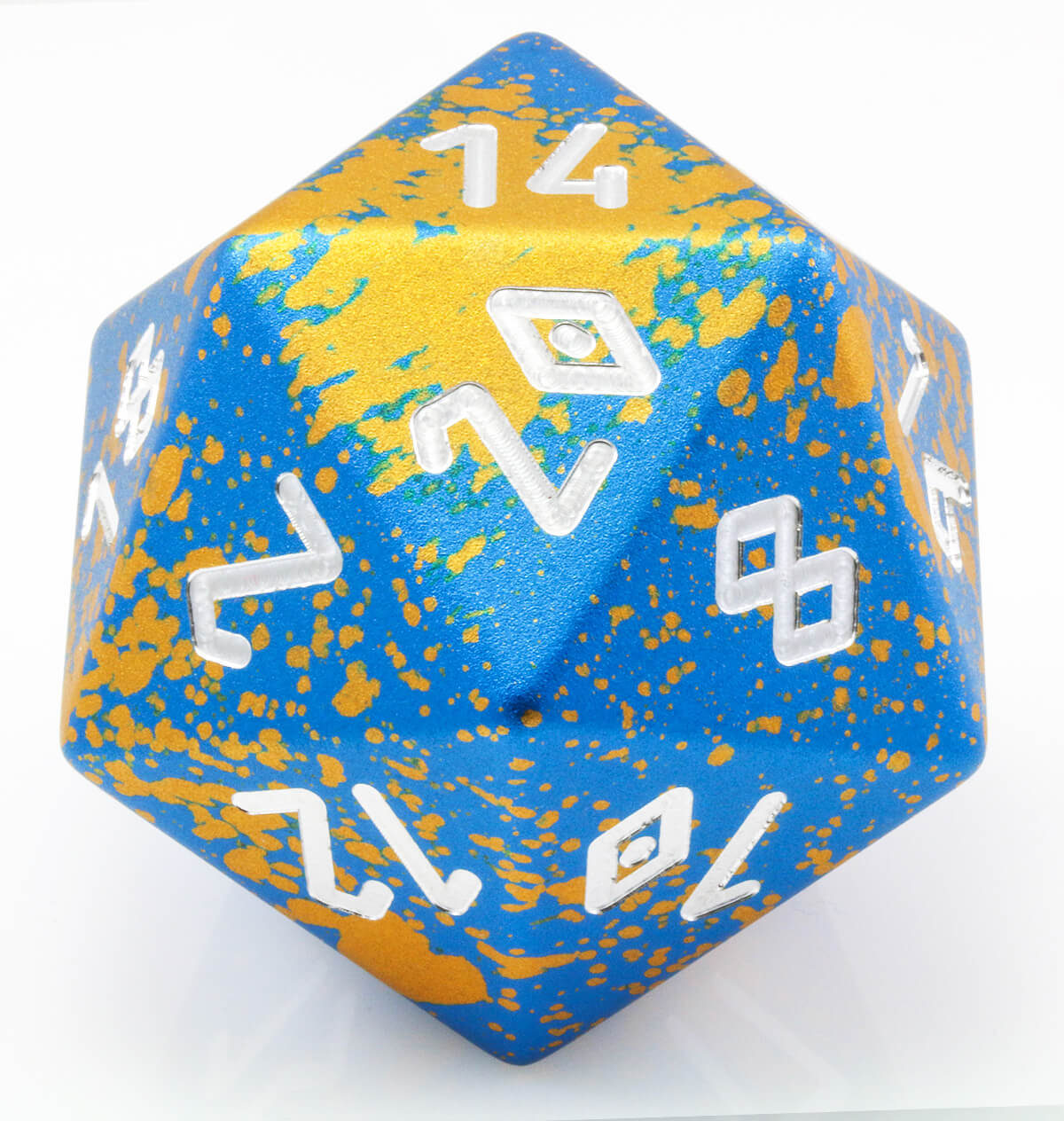 Giant d20 aluminum blue gold splatter