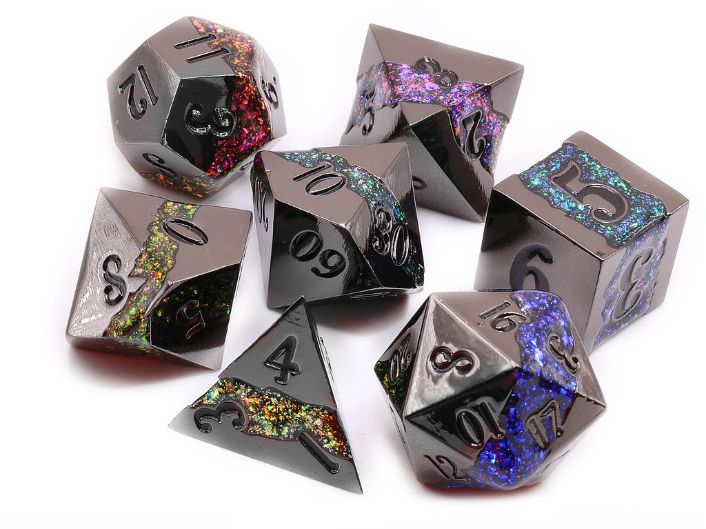 Crucible dice set black metal with mica glitter