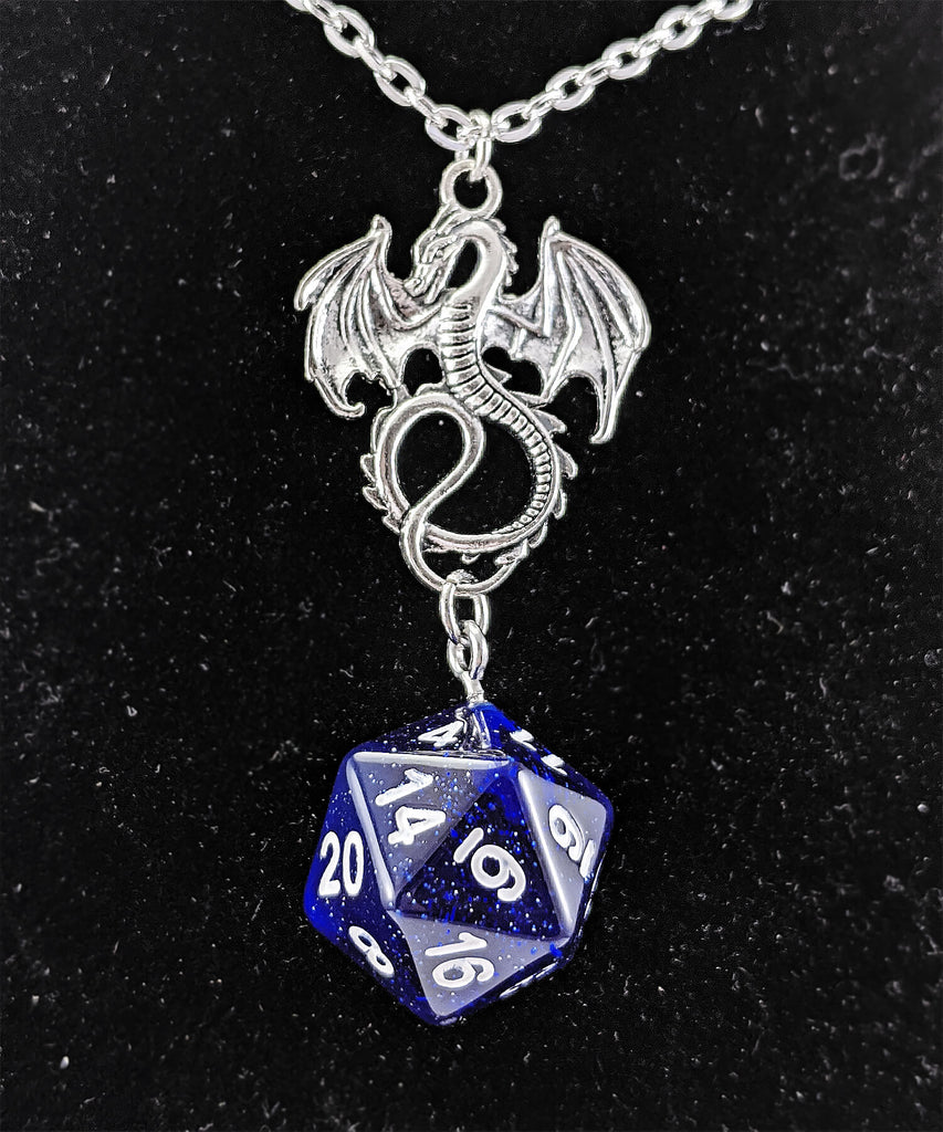 Dragon d20 necklace blue glitter