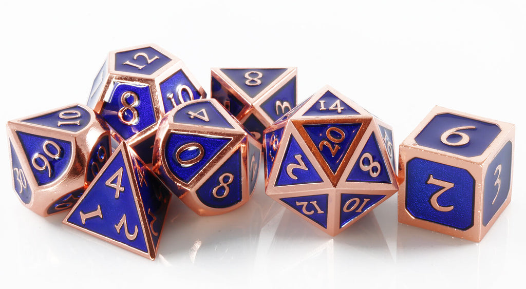 Blue and copper enamel dice