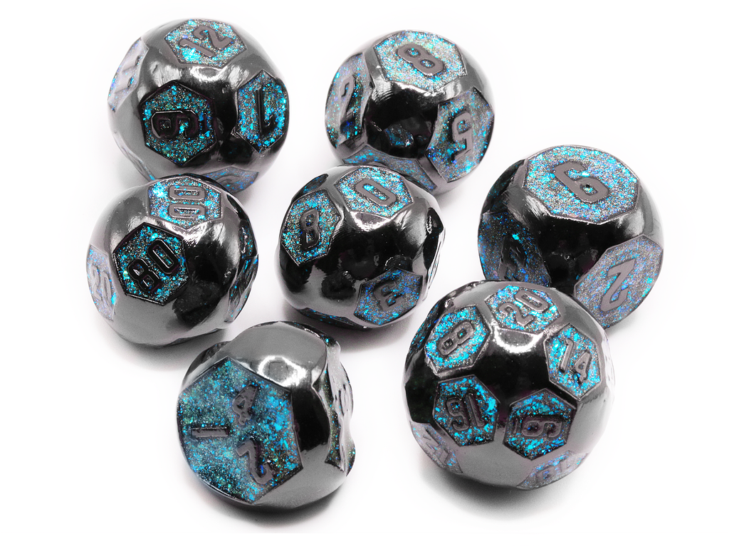 rounded metal ttrpg dice black and teal for dnd games