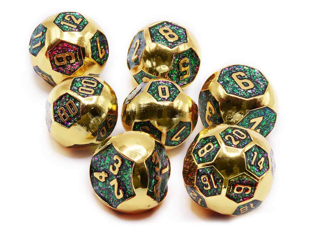 Rounded metal dice shiny gold and prismatic glitter for dnd games
