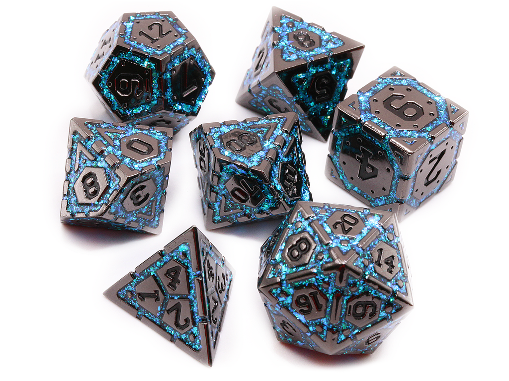 Mythic Armor Dice Set Black Nickel and Blue glitter for dnd games