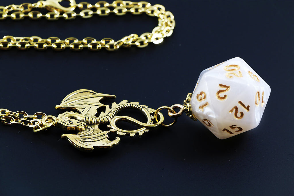 Dragon Pearl White D20 Necklace