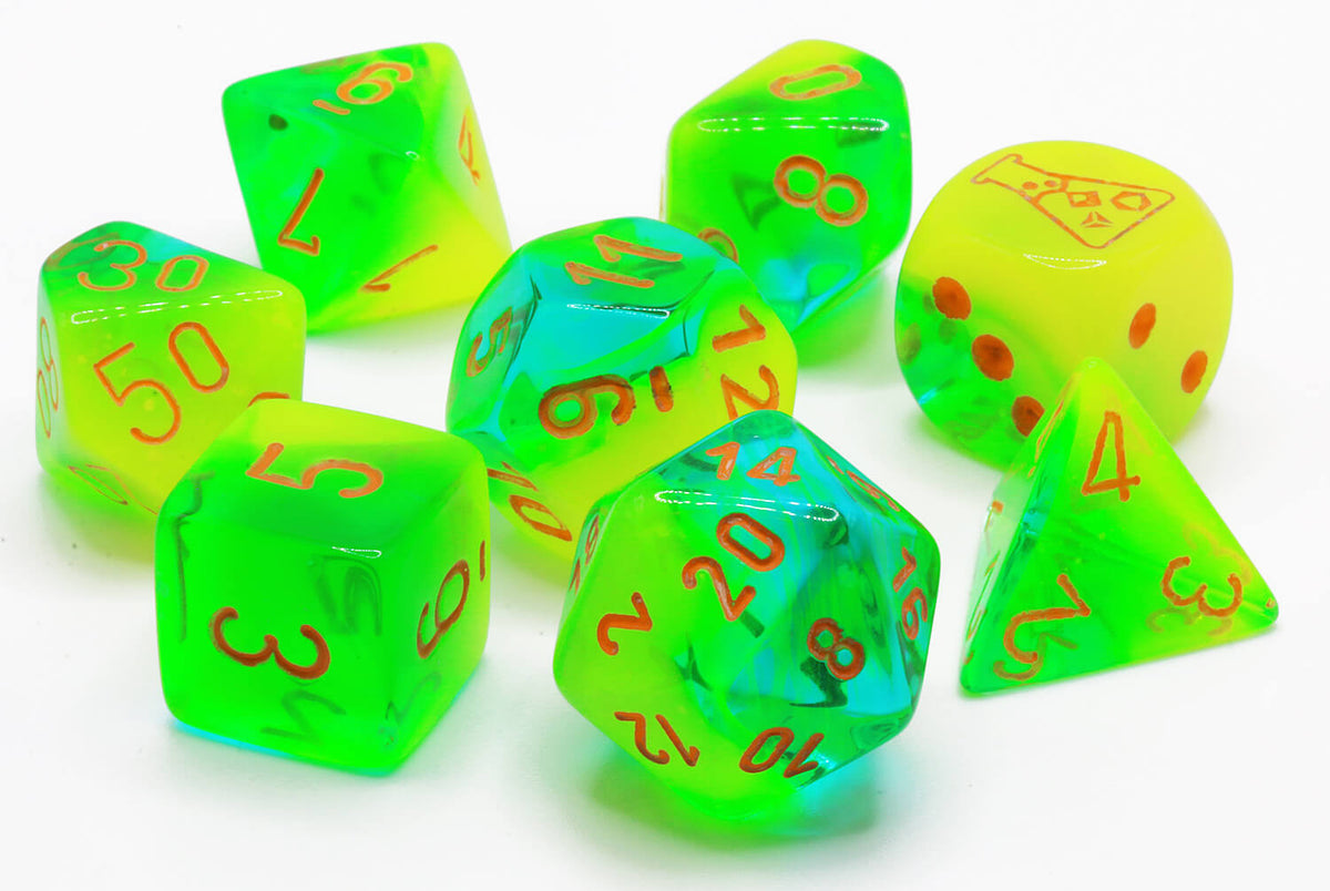 Labx Dice Chessex Lab Dice V (Gemini - Plasma Green And Teal With Orange) RPG Di ...